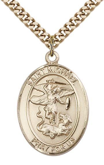 14KT GOLD FILLED ST MICHAEL PENDANT ON A CHAIN - 1" x 3/4"